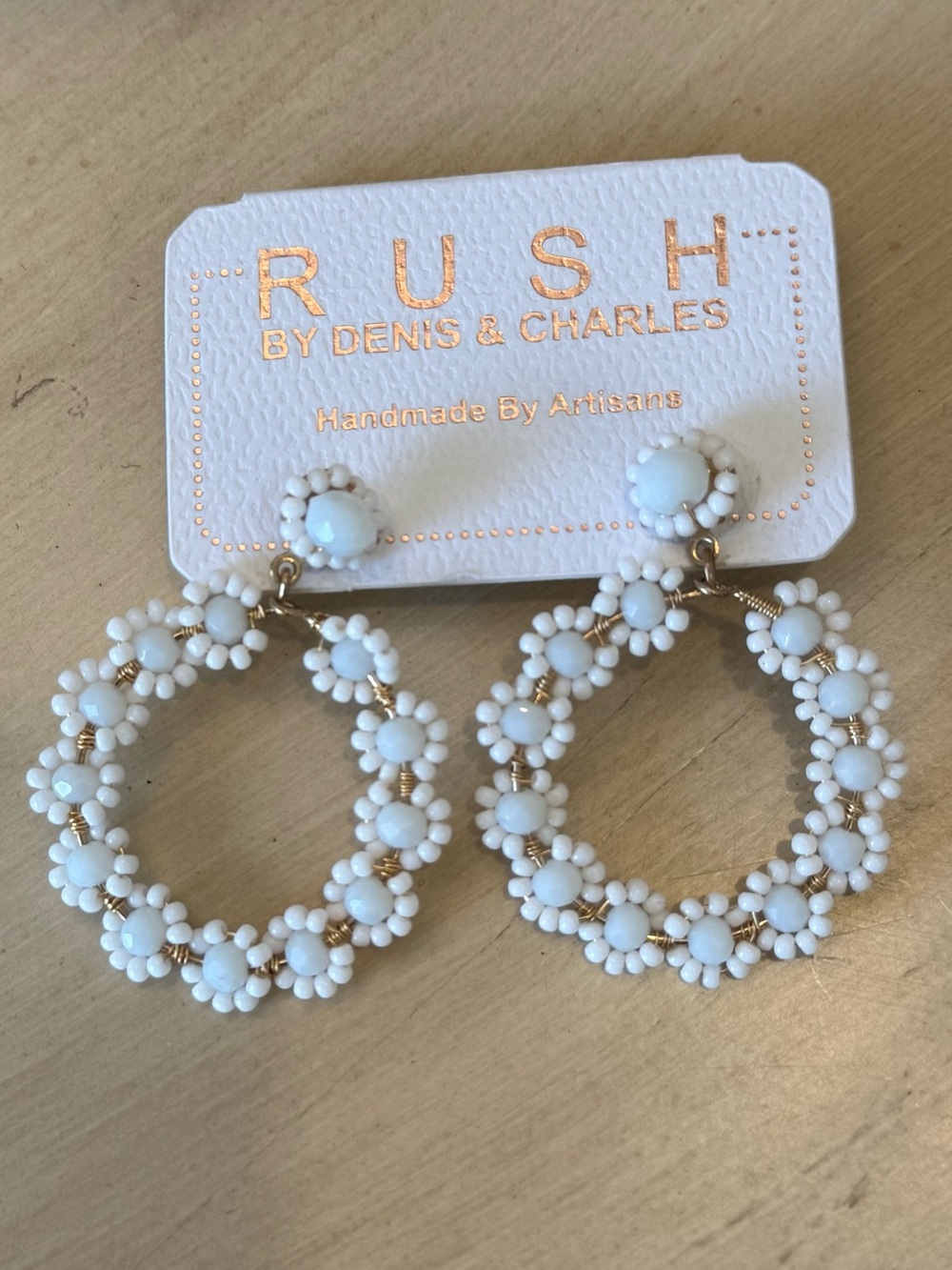 RUSH White Beaded Floral Hoop Earrings by Denis & Charles